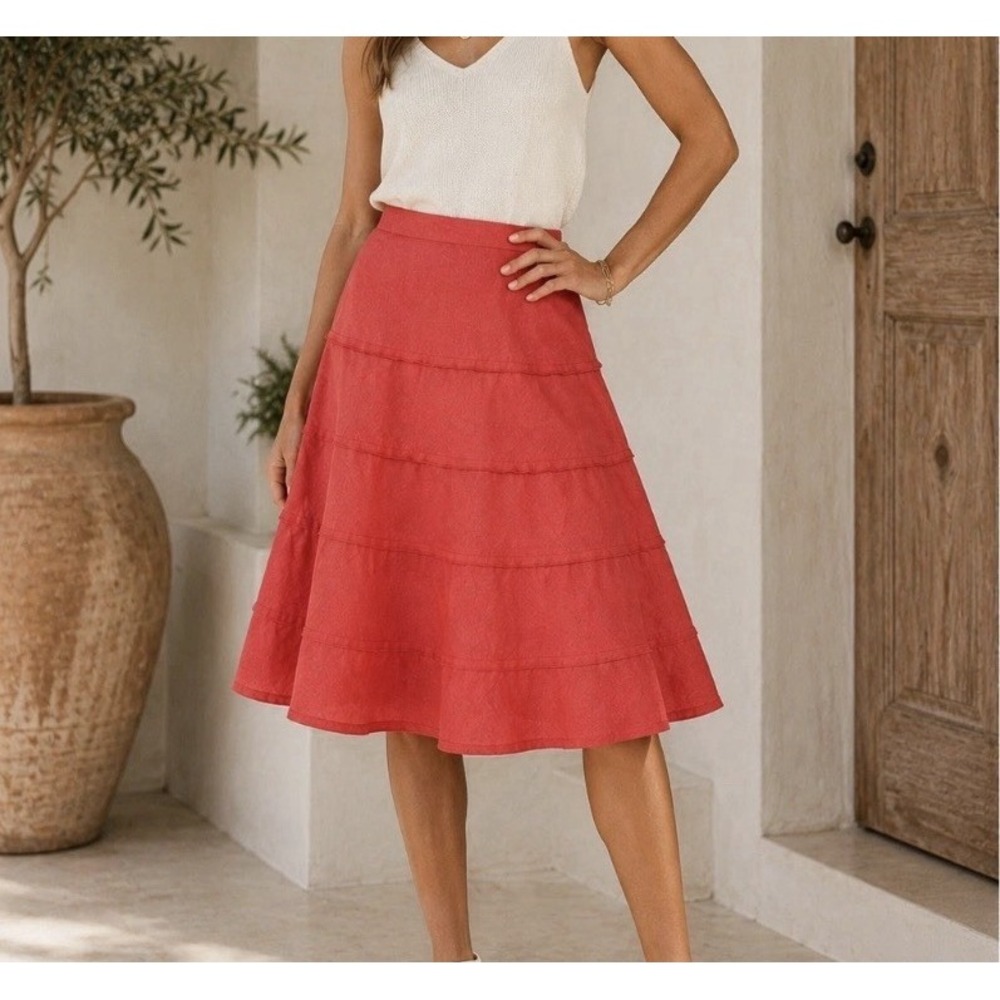 Soft Surroundings Petite Size PL Coral Linen Tiered Skirt Pull On A-Line
